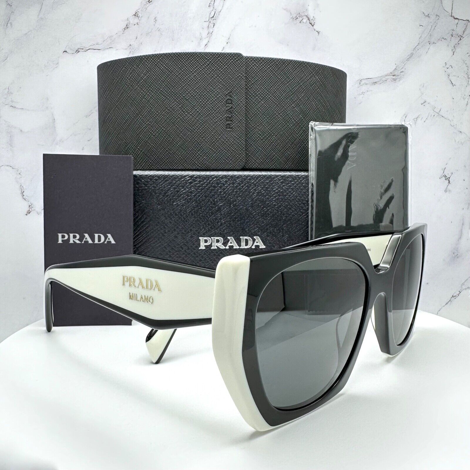 New Prada Sunglasses Womens Black White Symbole Logo Authentic Gold Logo Italy