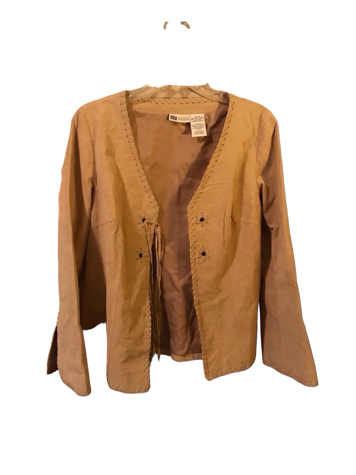 Faded Glory Tan Leather Boho Fringe Tie Closure Vintage Leather Jacket