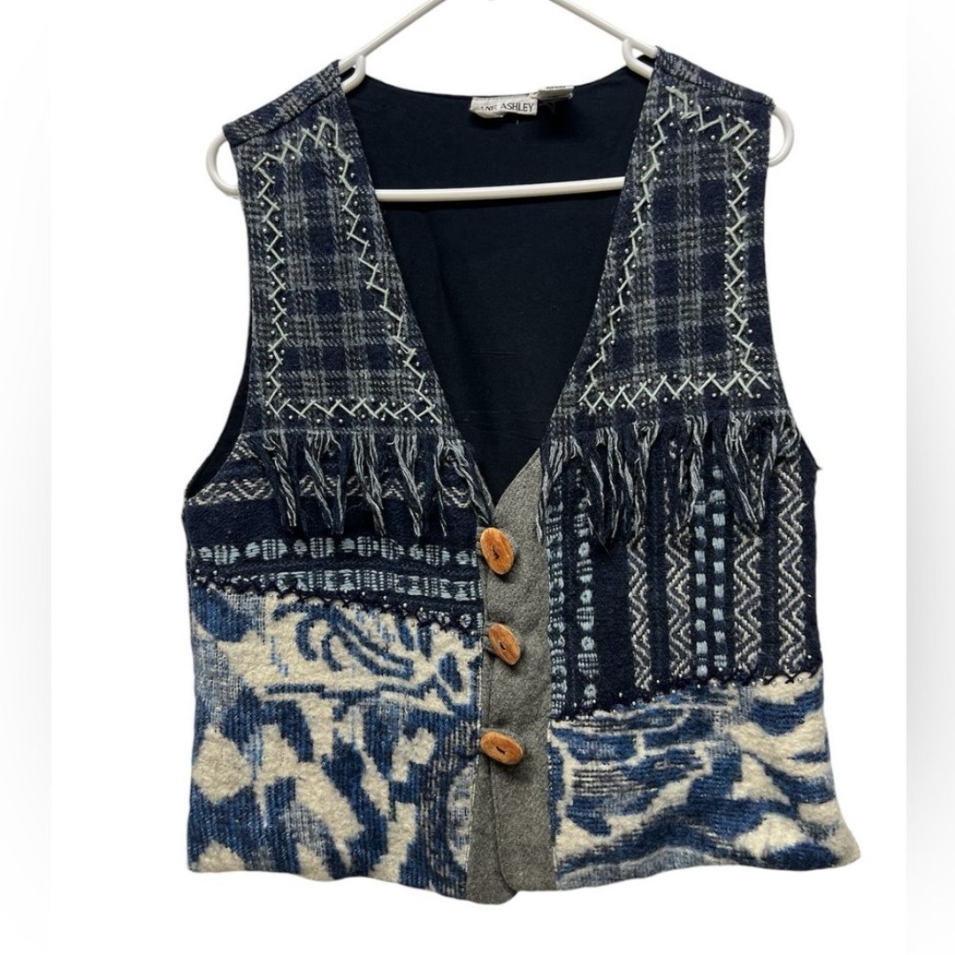 Vintage Jane Ashley navy blue printed wool blend vest button front patchwork M