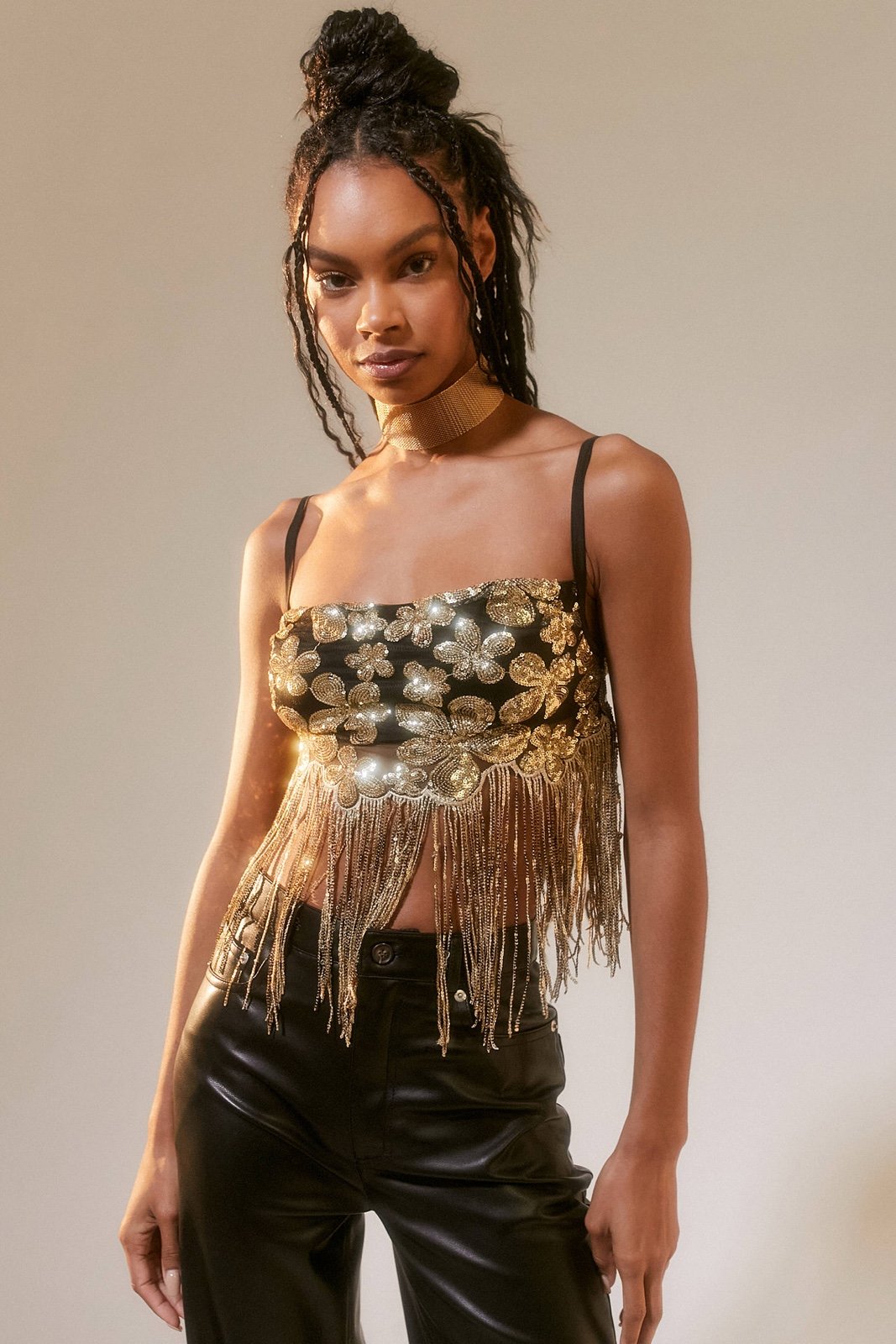 NWT For Love and Lemons Colette Fringe Gold Sequin Top