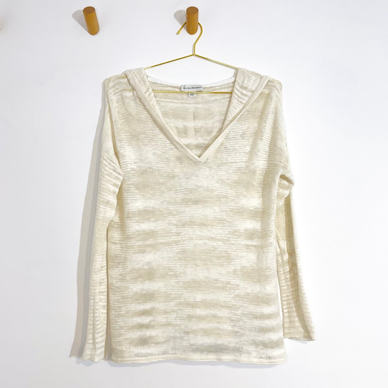 White + Warren Cream V-Neck Lightweight Hooded Sheer Knit Sweater Size Small