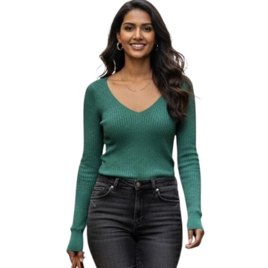 Free People Sweater Womens Small Green Ribbed V-Neck Long Sleeve Knit OB1361173