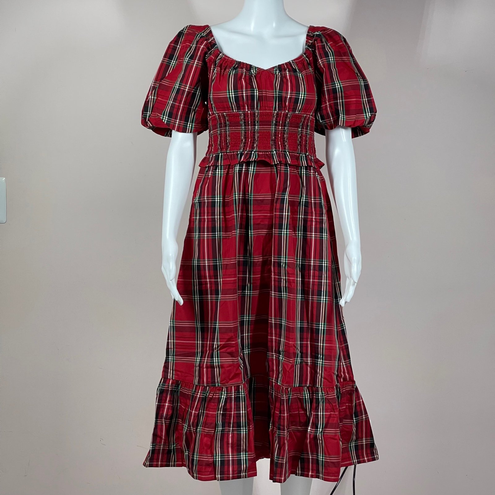 NWT J.Crew Smocked puff-sleeve cotton poplin midi dress in Good Tidings plaid