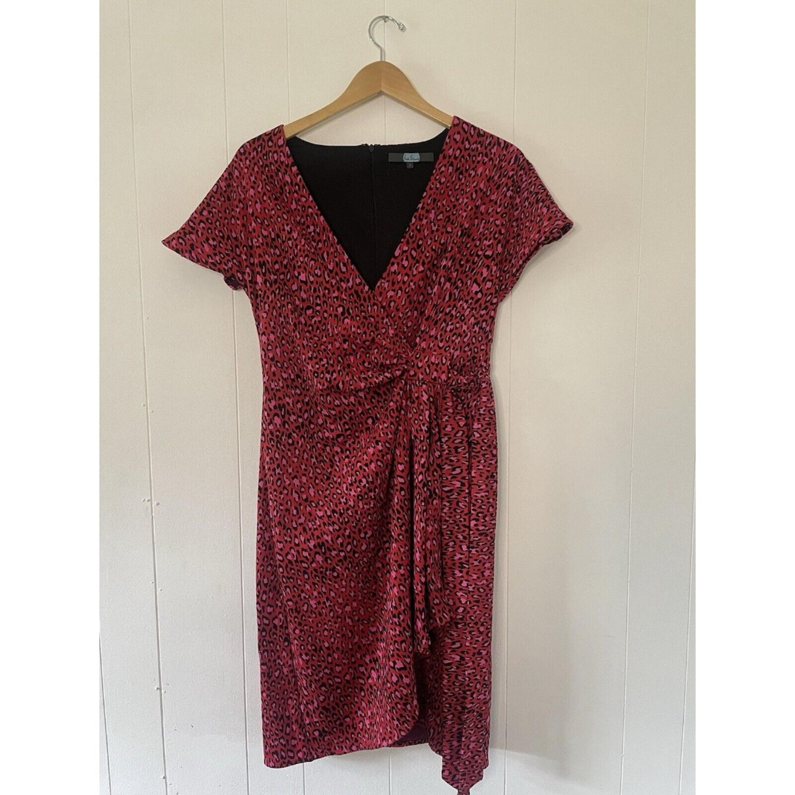 Eva Franco Anthropologie Size 4 Dress Leopard Print Red Fuschia Cameo Faux Wrap