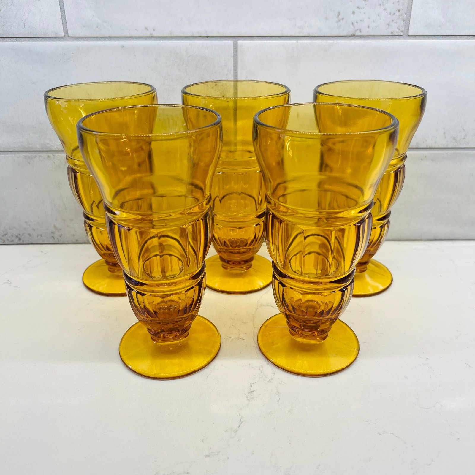 COLONY Vintage 70s Amber Footed Soda / Ice Cream Tumblers - Set of 5