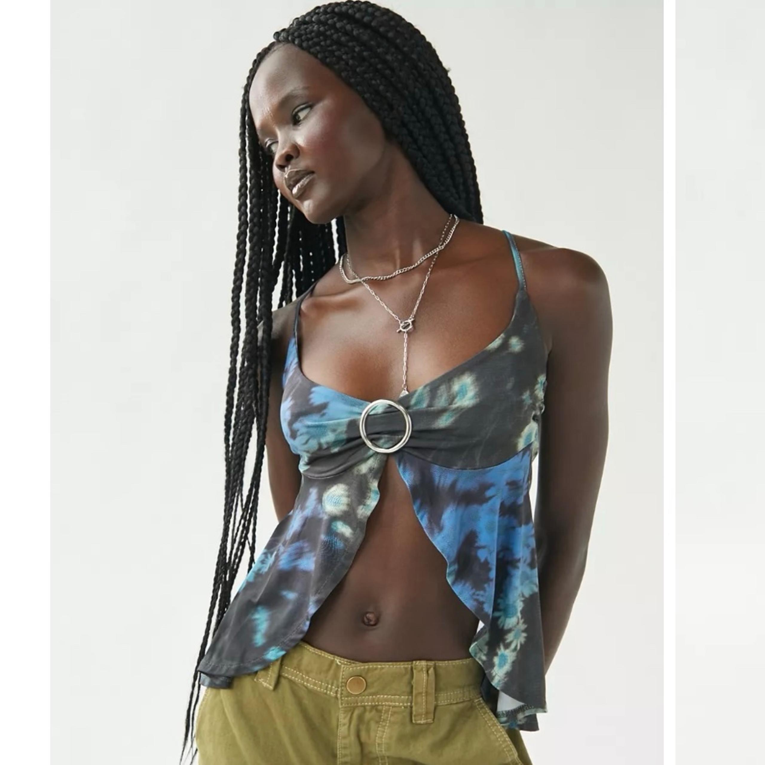 Urban Outfitters M Blue Black Tie Dye Floral Halter Y2K O-Ring Tank Cami Top