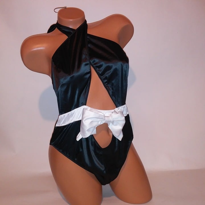 Victoria Secret Lingerie Teddy One Piece Bodysuit XL Black White High Neck Satin