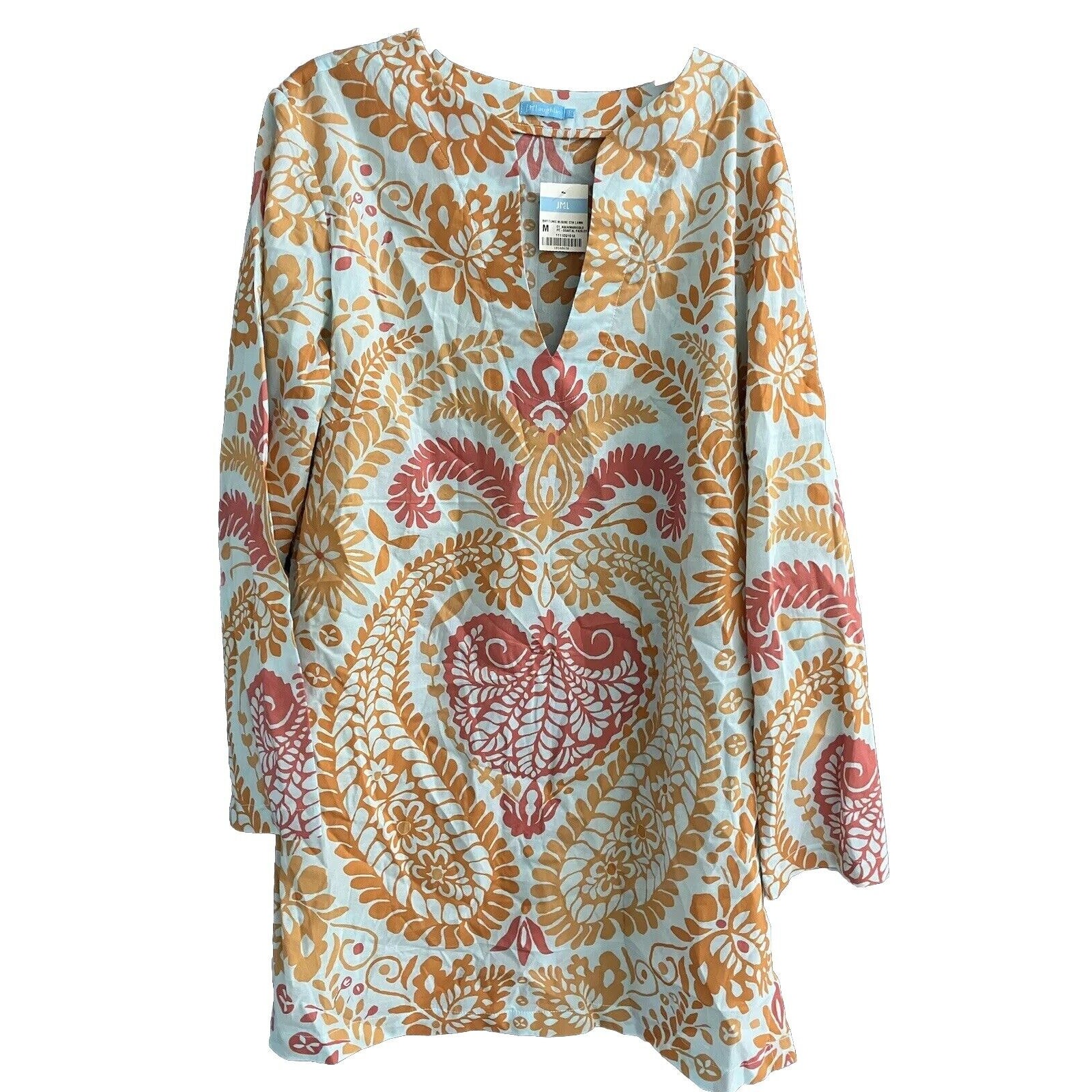 J McLaughlin Paisley Bay TUNIC TOP Cover Up Aqua/Marigold Coastal Paisley Sz M