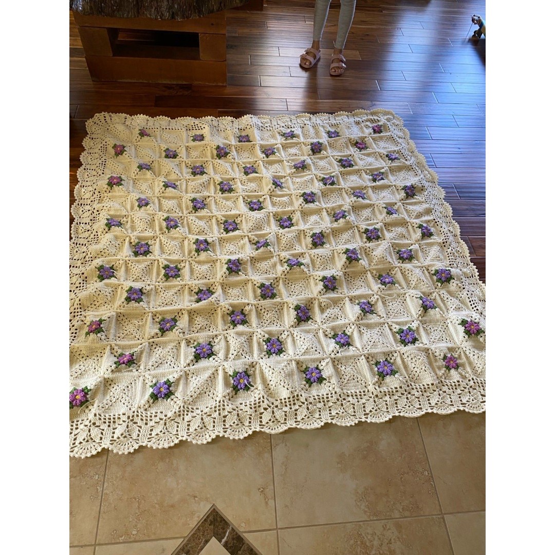 Handmade Crochet Very Large 70”*70” Square White Blanket Purple Daisy King Size