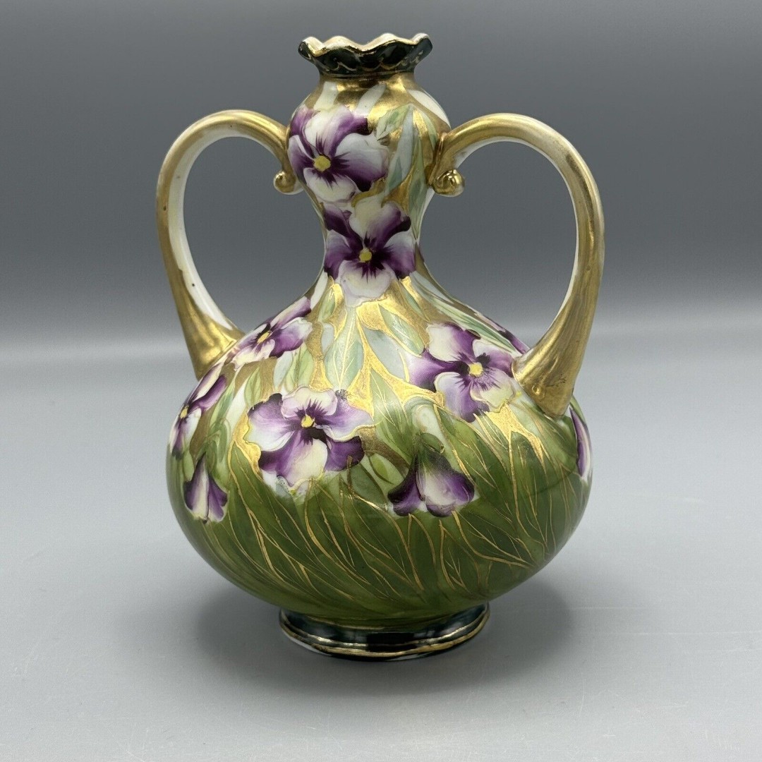 Antique Hand Painted Nippon Purple Floral Dbl Handled Vase Green Gold Accents 7 
