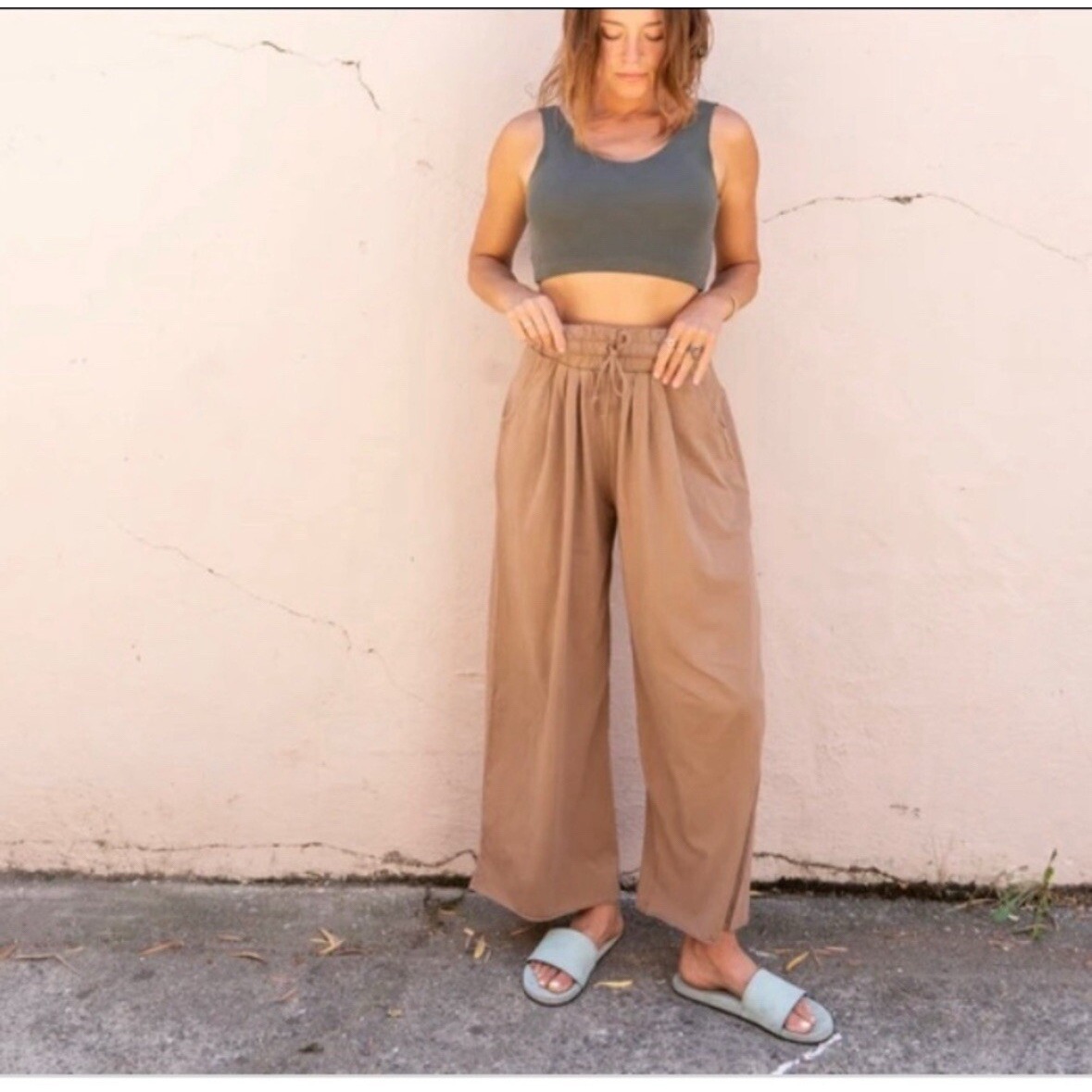 Longway Winnie Pant In Washed Mud Large Cropped Wide Leg High Rise Jersey Knit