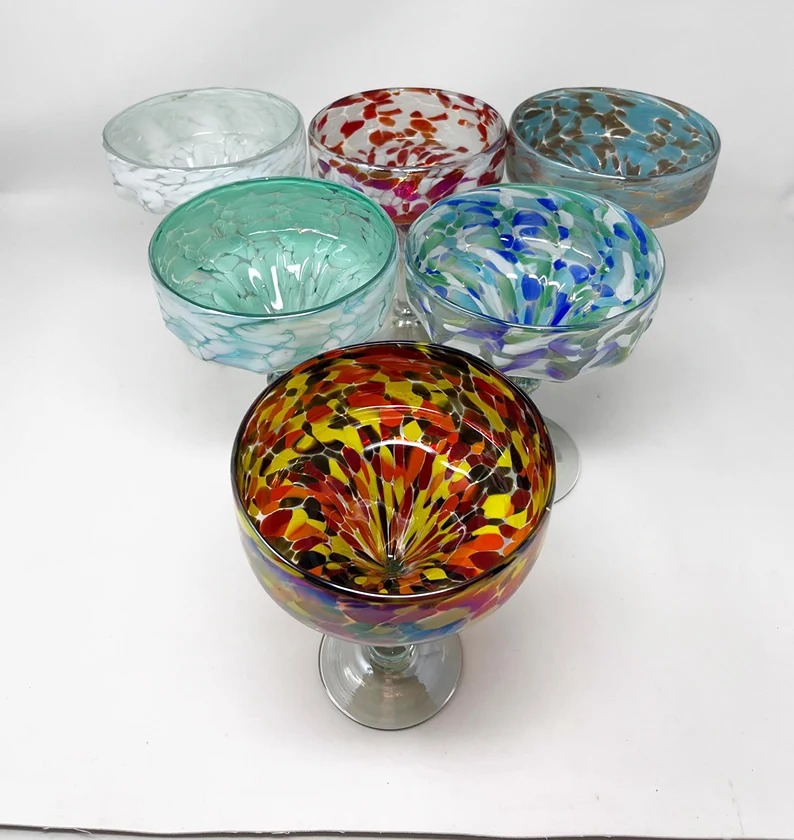 6 Hand Blown Margarita Glasses - Assorted - Iridescent Confetti