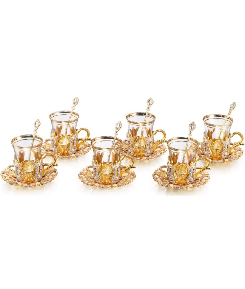 Decorated Turkish Tea Glasses Set with Saucers Holders Spoons Crystals and Pearl