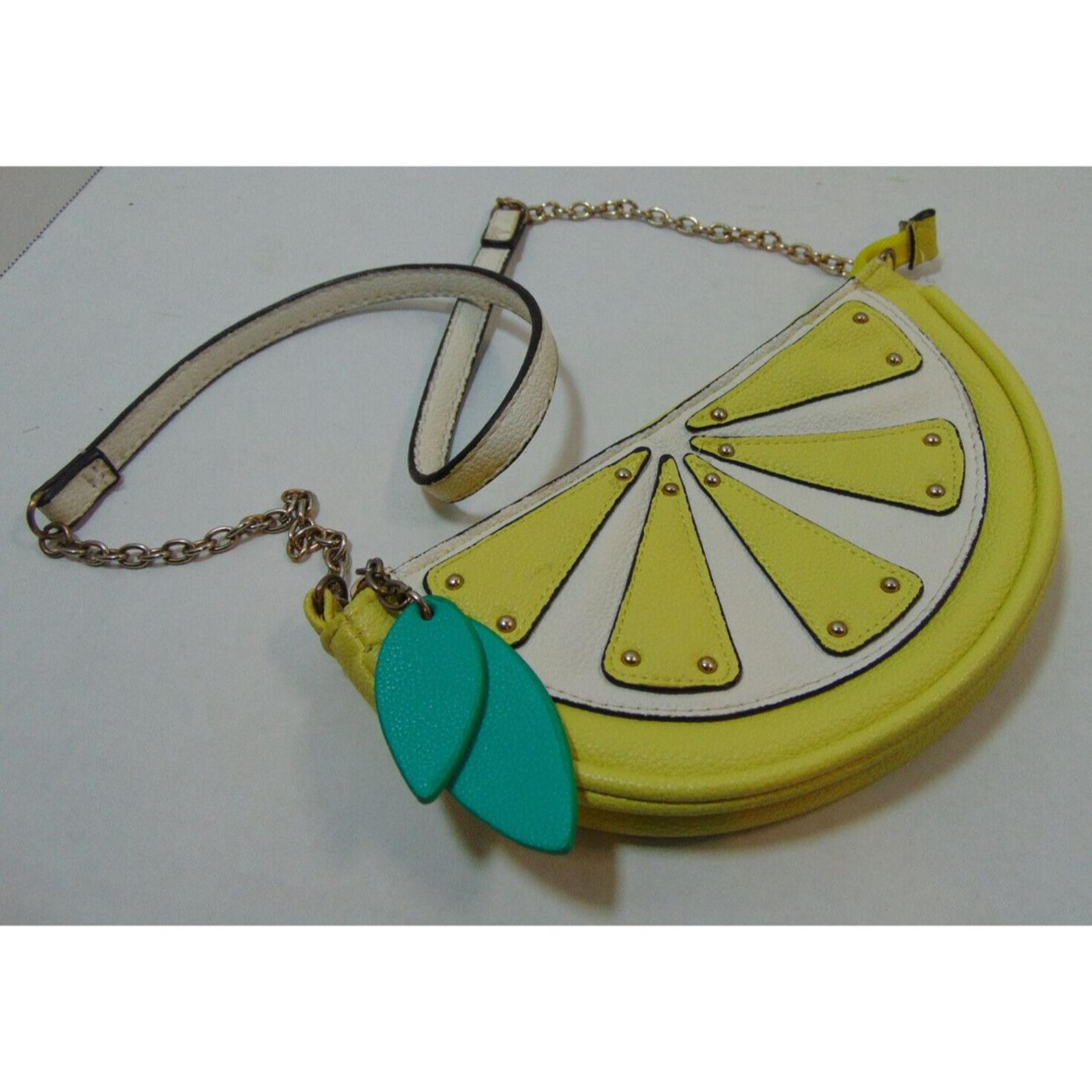 Small Leatherette LEMON Wedge Purse - Shoulder Strap Yellow/White Zips Closed