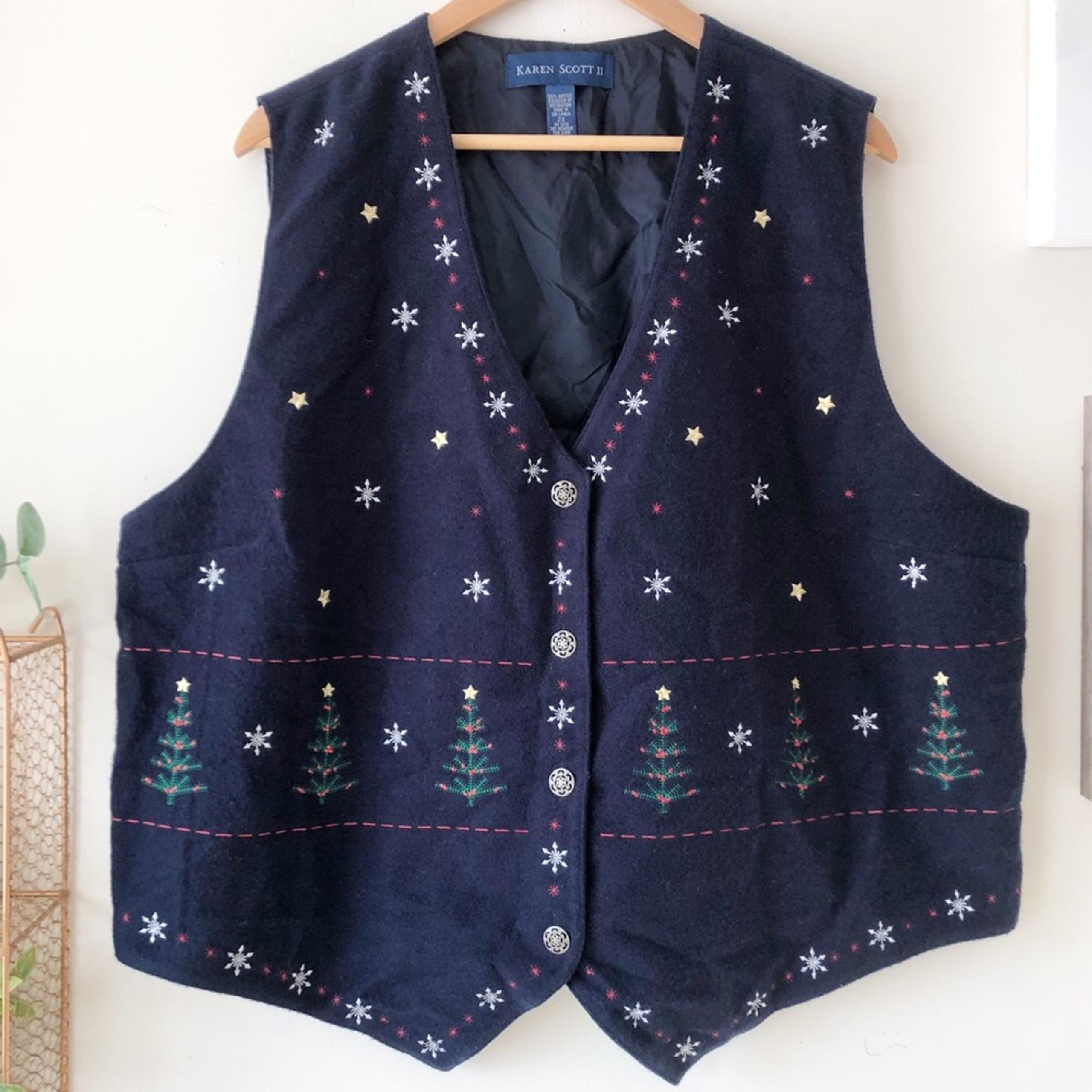 Karen Scott Navy Blue Christmas Trees Snowflakes Embroidered Felt Vest Size 2X