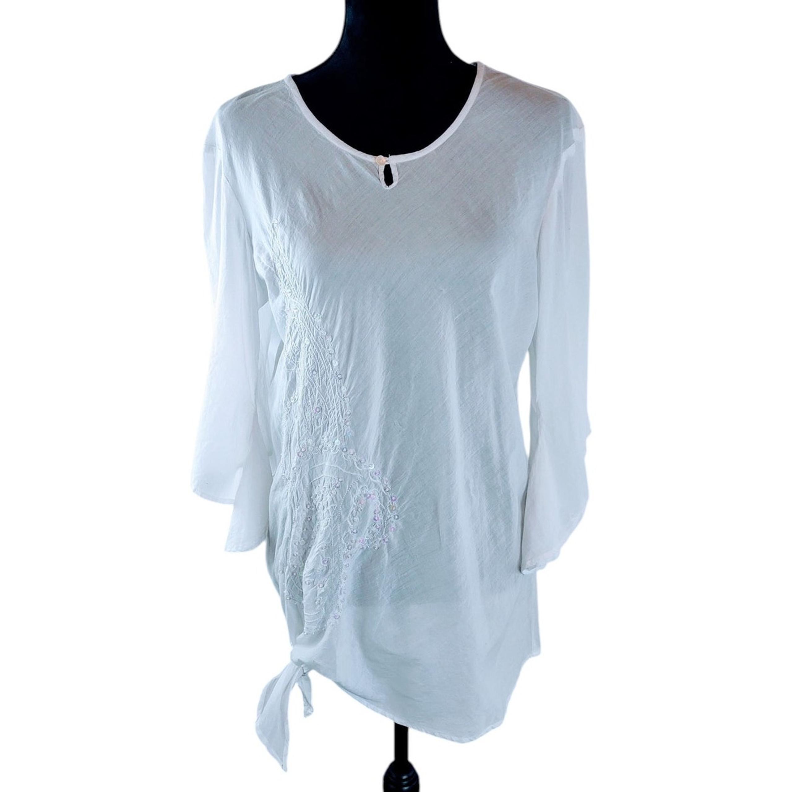 SAMSON Women's Sheer Top Large Embroidery Sequins White Lightweight Summer