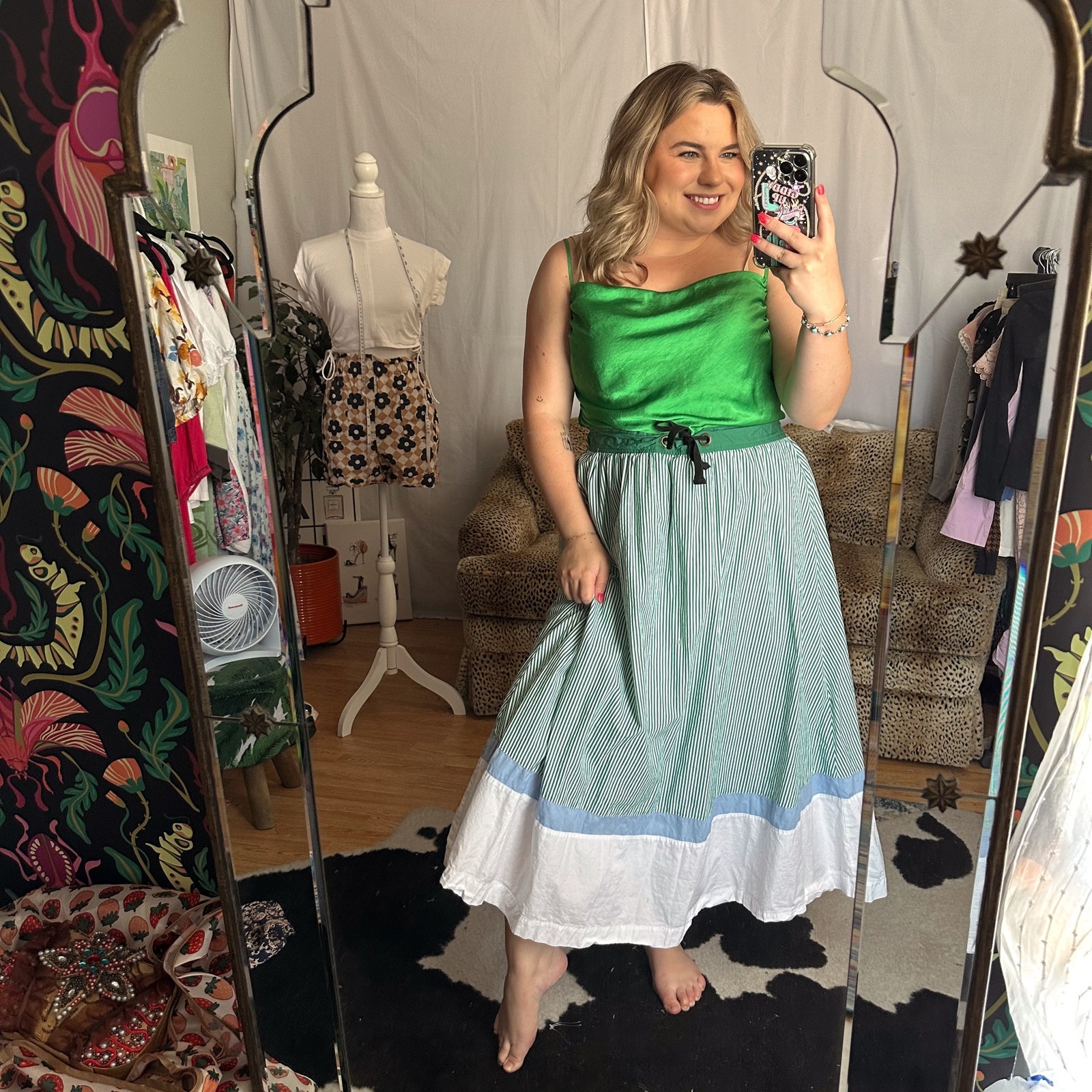Maeve Charley Colorblocked A-Line Maxi Skirt Stripe Green Size Large