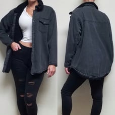 90s Vintage Excuse Grunge Dark Wash Black Distressed Sherpa Lined Denim Jacket L