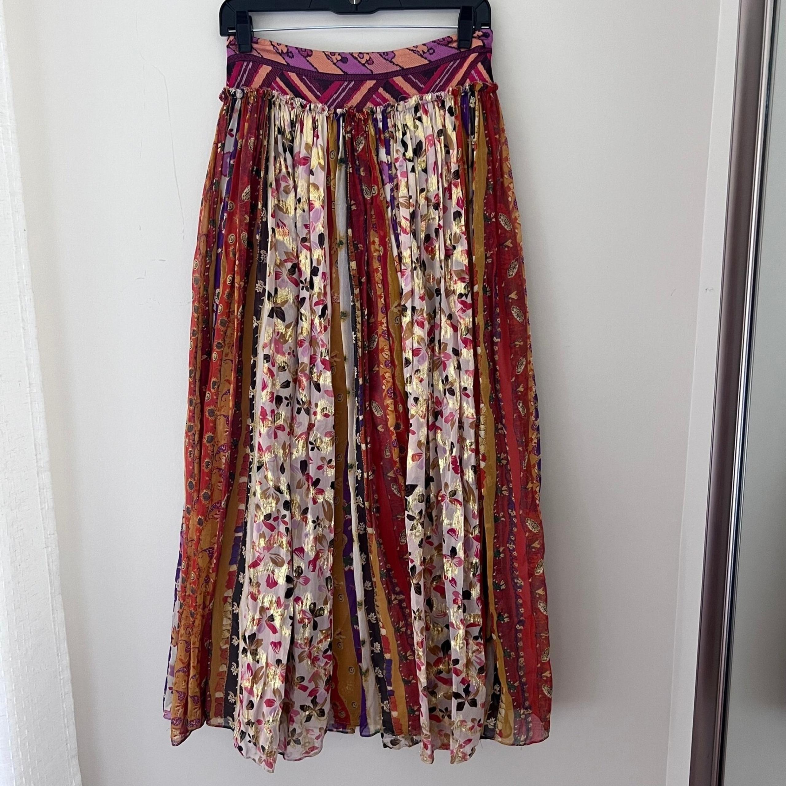 Diane von Furstenberg Maxi Skirt Floral Print Metallic Accents Bohemian Size 2