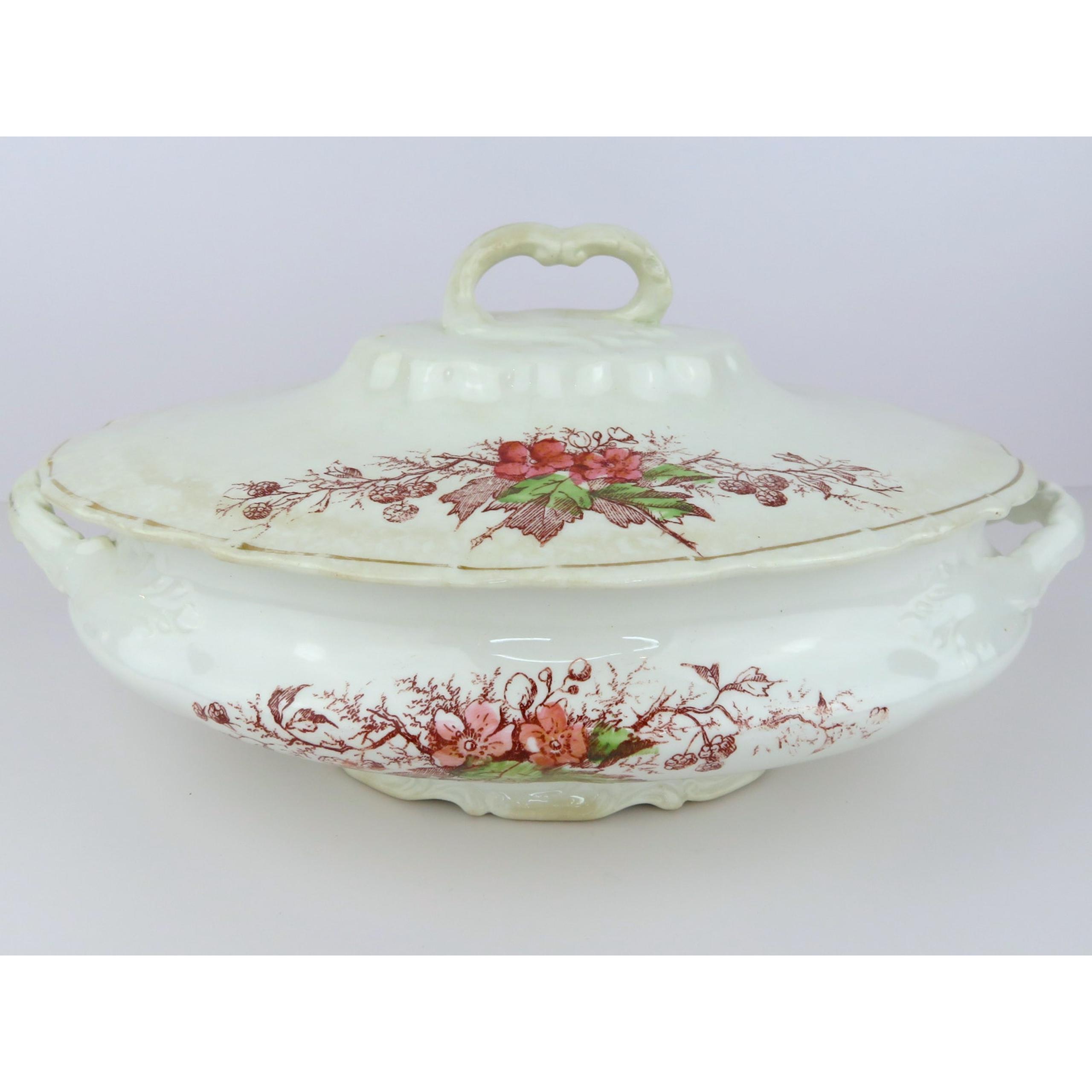 John Maddock Sons Royal Vitreous Covered Vegetable Bowl Ironstone Floral Antique