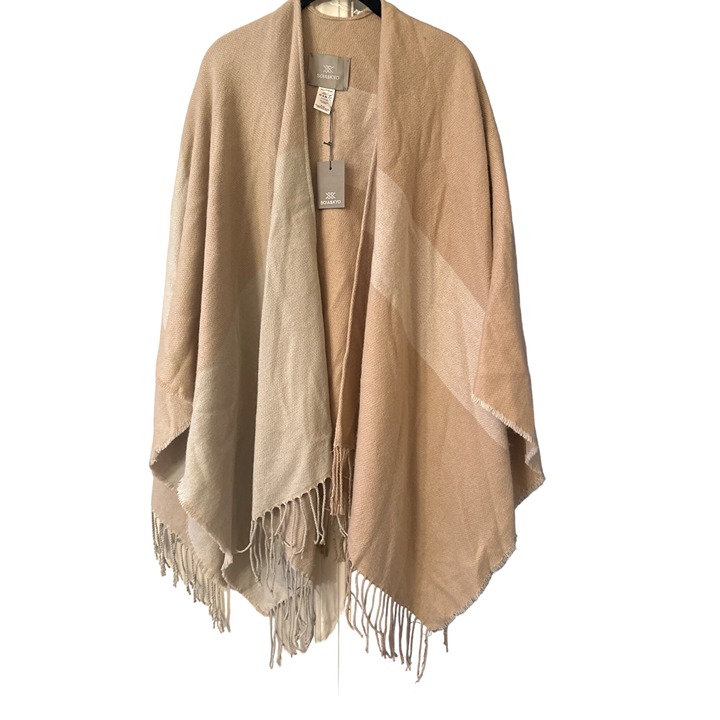 NWT Soia & Kyo Beige & Gray Acrylic Fringe Poncho Shawl