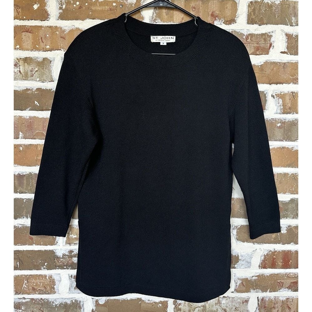 VTG St. John By Marie Gray Knit Sweater Black Wool Blend Warm USA Soft Size P