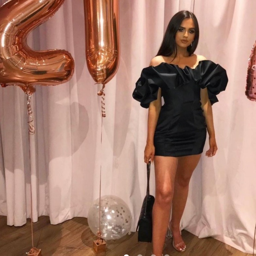 HOUSE OF CB 'Selena' Black Satin Puff Shoulder Dress off shoulder /Size L