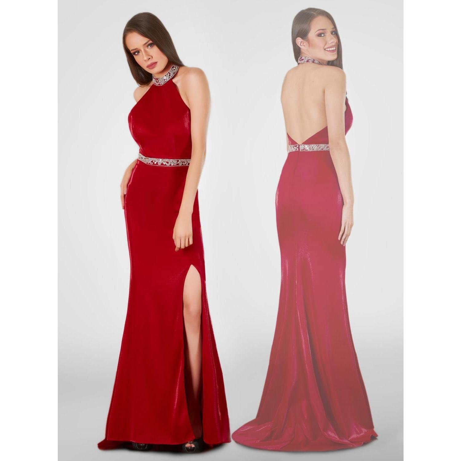 Red Satin Halter Prom Dress with Open Back & High Slit - prom dress