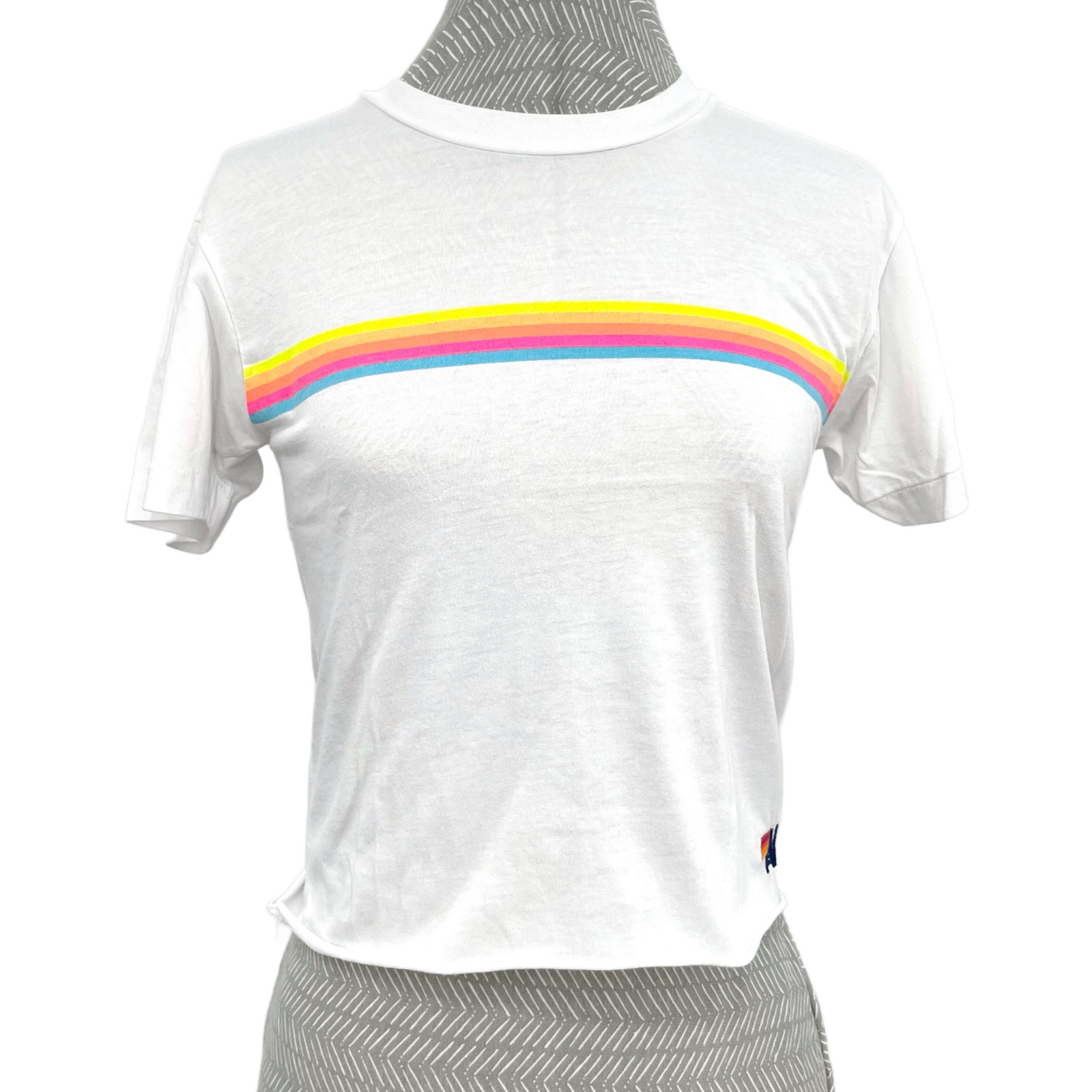 Aviator Nation White Neon Rainbow Sunset Boyfriend Tee Beach Cropped Top Size XS