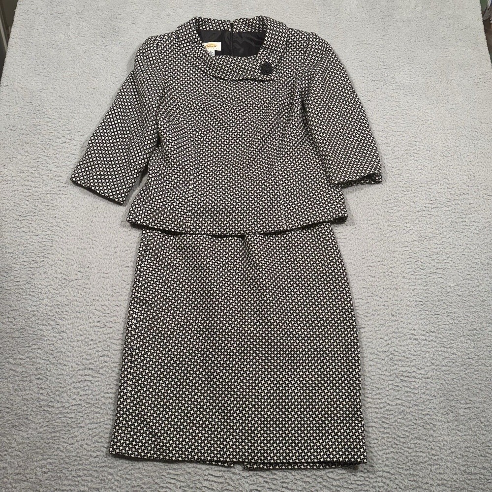 VTG Talbots Skirt Suit Black White Houndstooth Pencil 8P Button Collar Wool USA