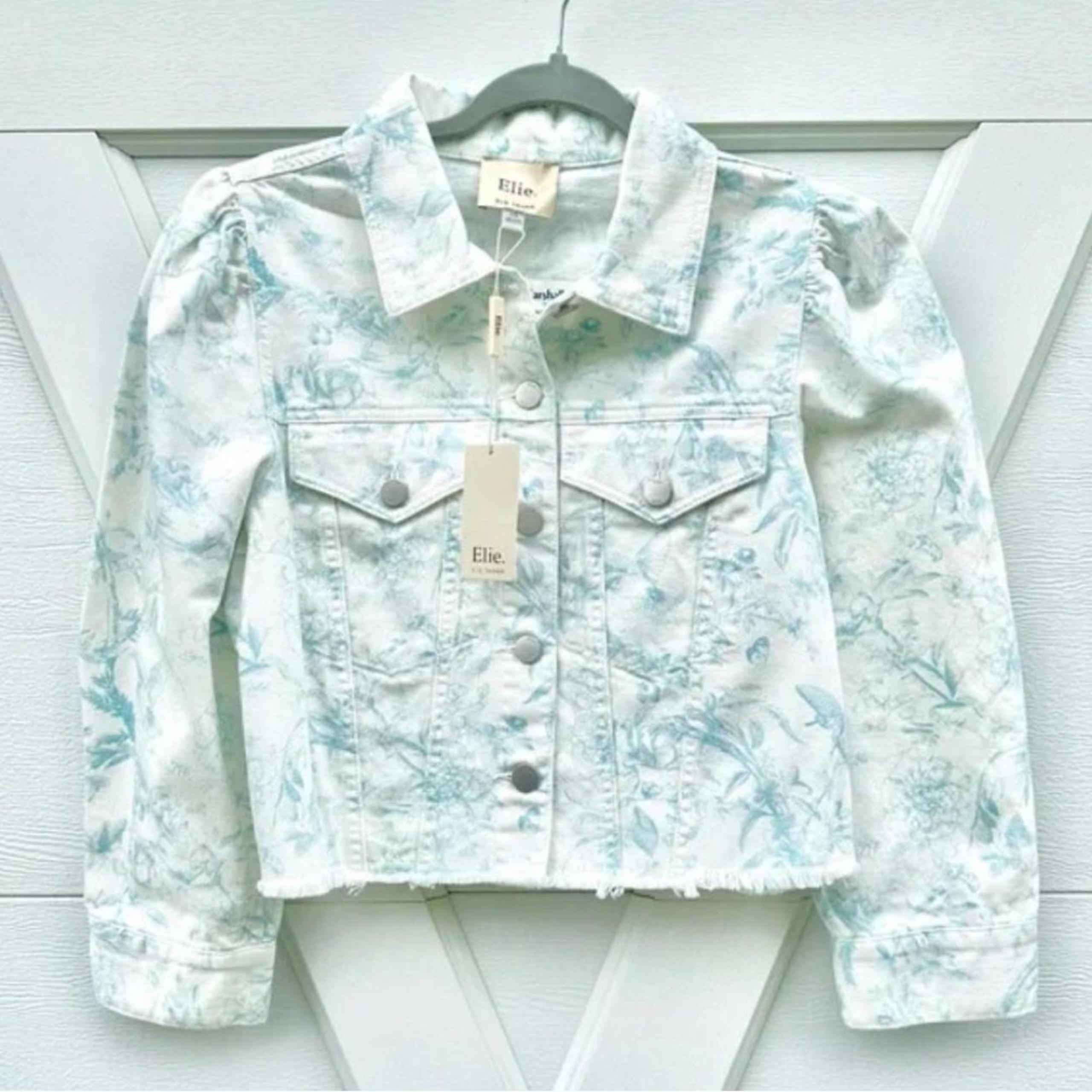 Elie Tahari Denim Cropped Long Sleeved Floral Printed Jean Jacket Size M NEW