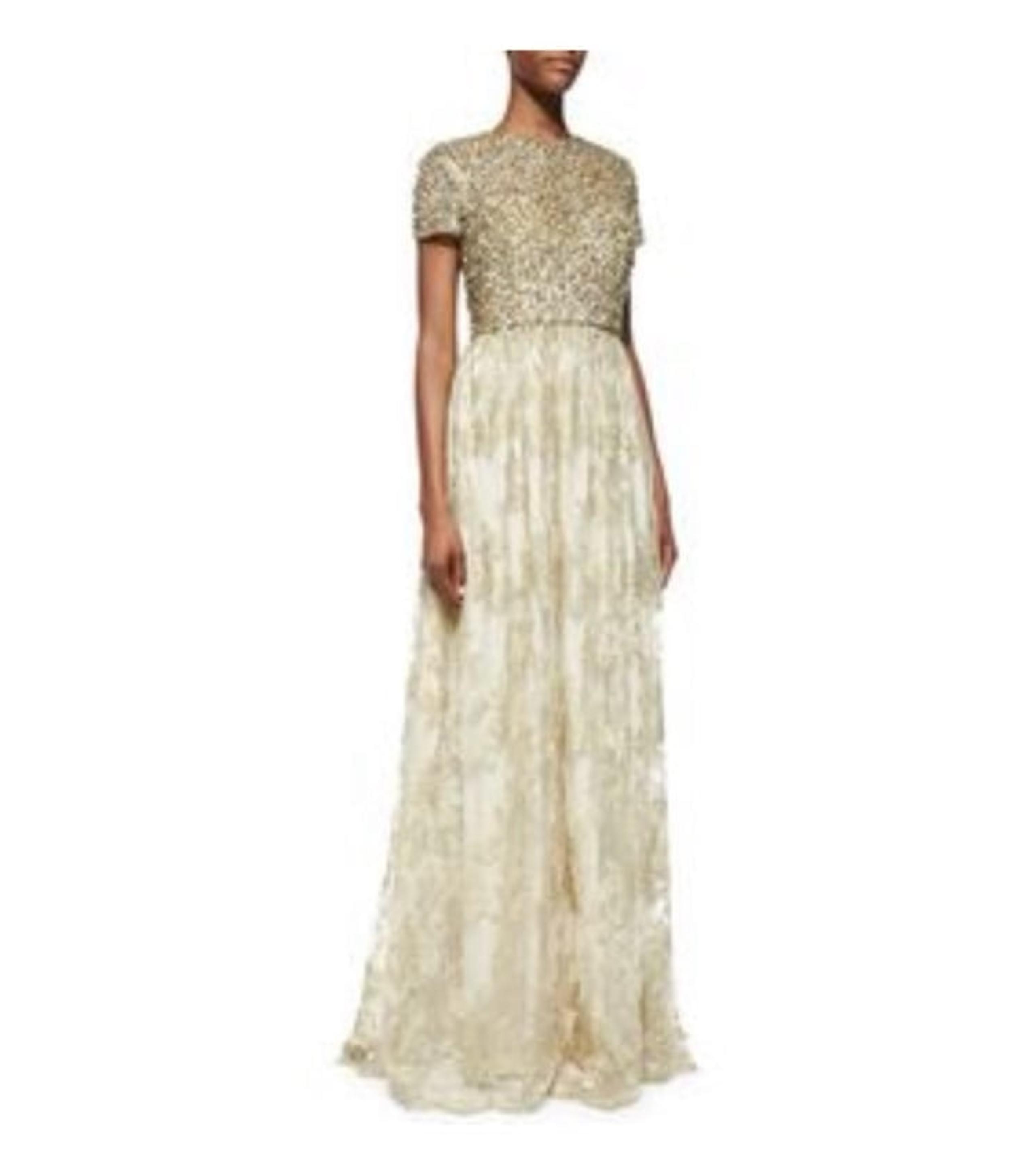 BADGLEY MISCHKA Gold Sequins Top Floral Lace Overlay Gown Dress