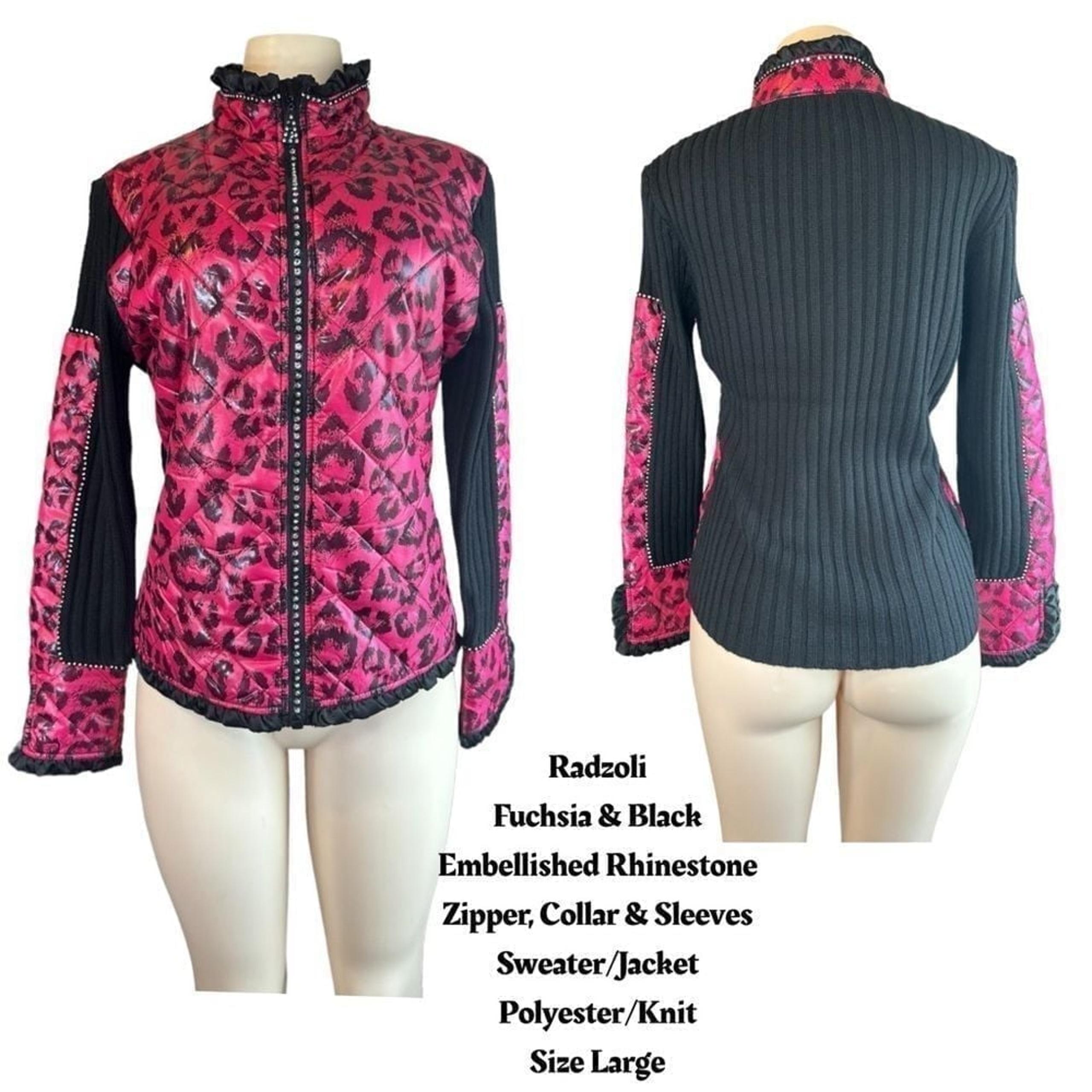 Radzoli Women's L Black & Pink Polyester Knit Sweater Jacket Rhinestone Details