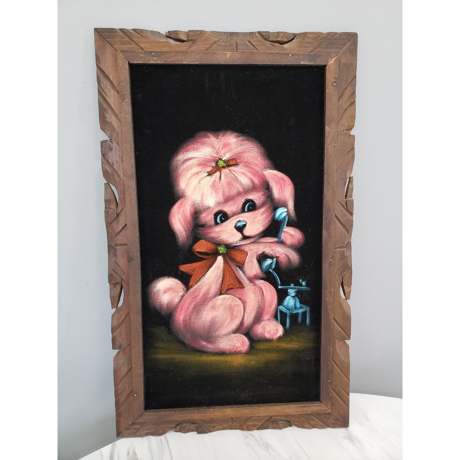 Vintage Velvet Painting Frame Dog Pink Poodle Kitsch Telephone Mod 70s Retro