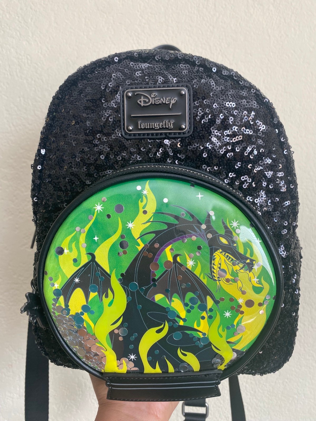 Disney Loungefly Sleeping Beauty Maleficent Snow Globe Sequin Backpack