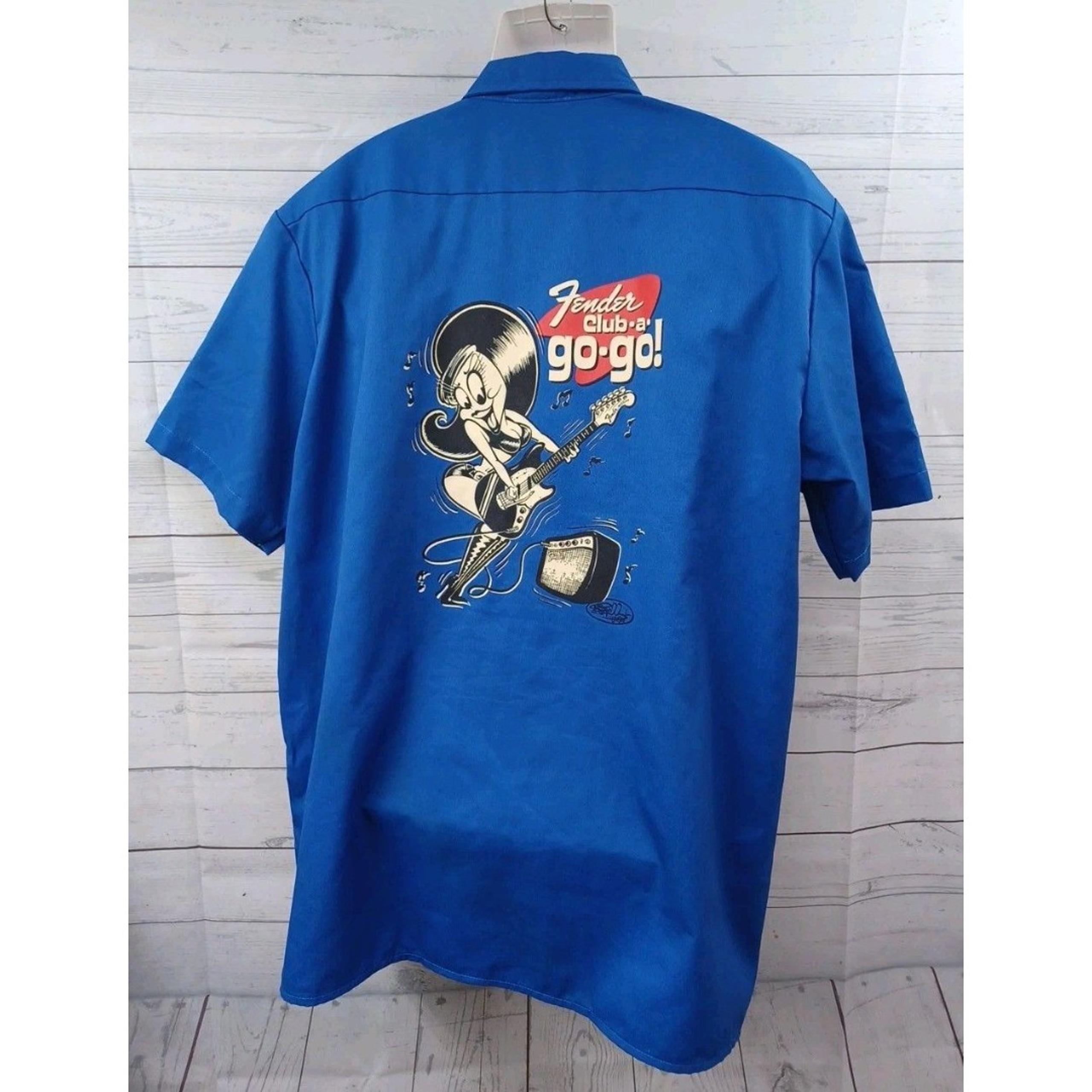 Vtg Fender Club a Go Go Sexy Girl Shirt XL Button Front Guitar Amp Blue