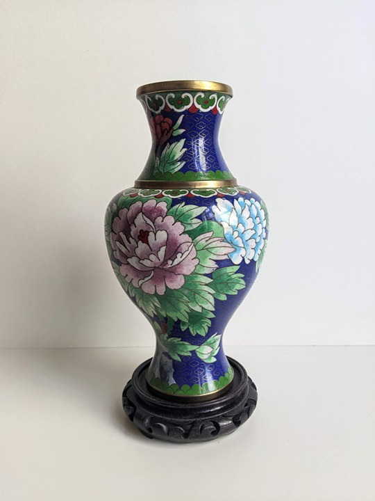 Vtg Chinese Cloisonne Enamel Vase w/ Stand 9.2”