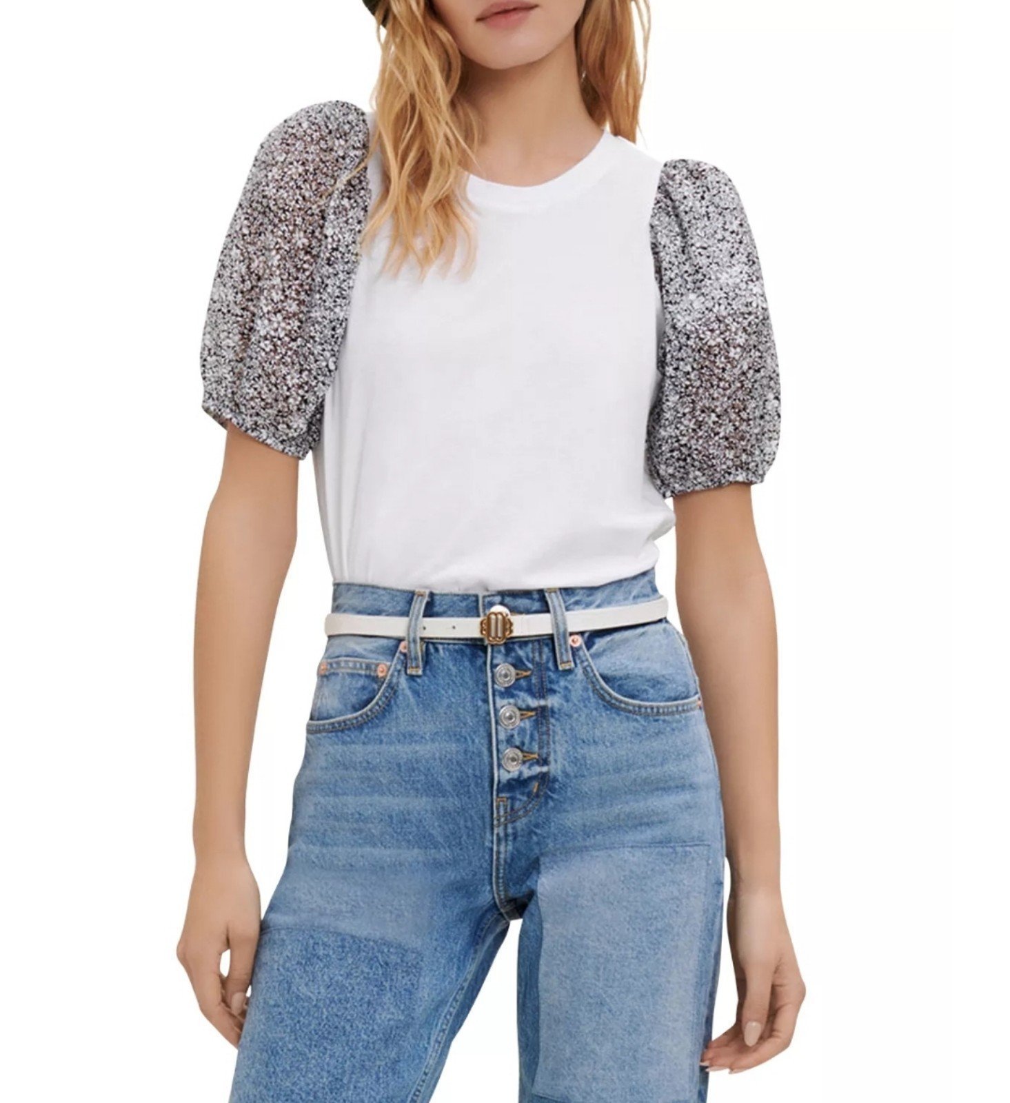 Maje Puff Sleeved Floral White Multi Media Top Size 1 Small