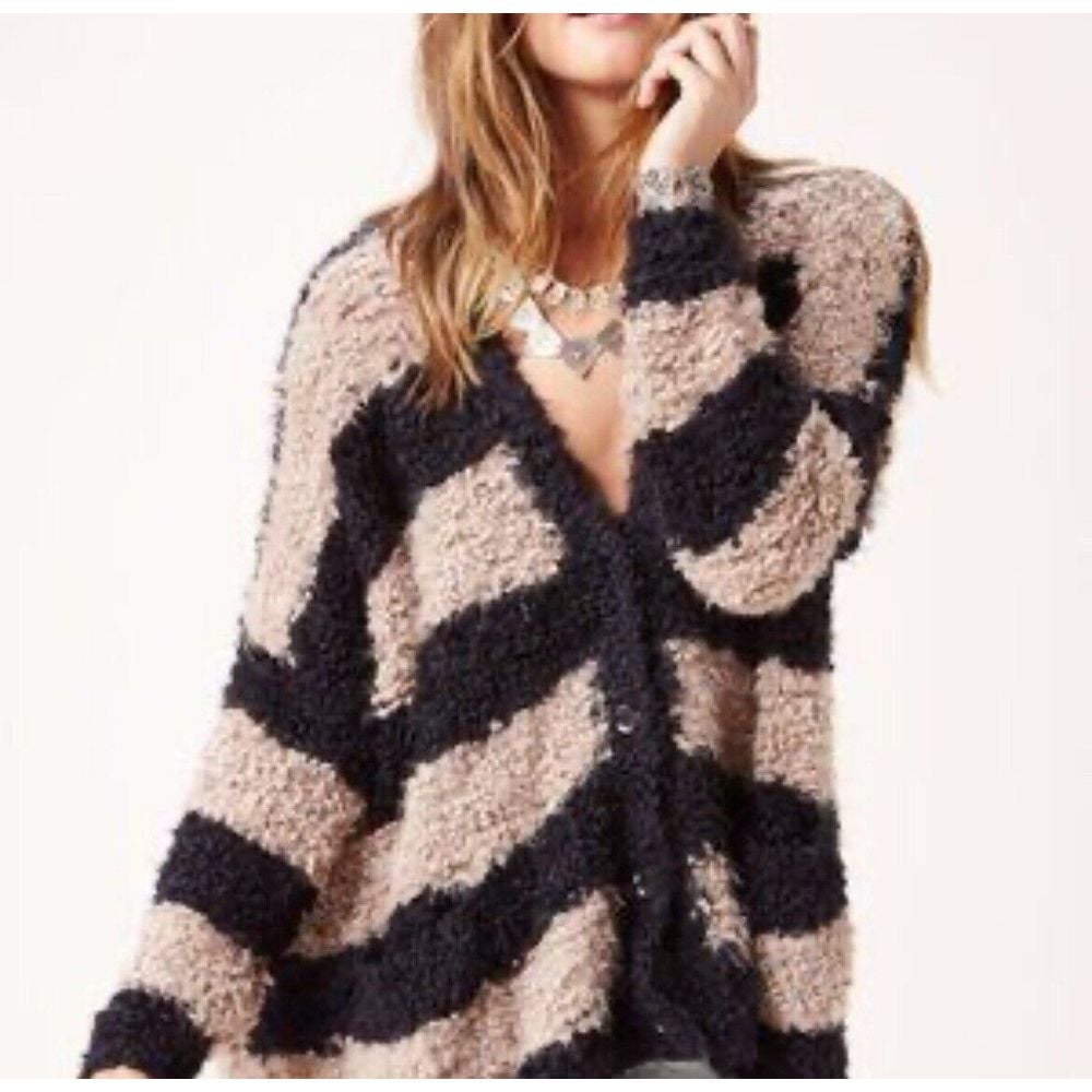 Free People Marshmallow Striped Cardigan Sweater Oversized Small Chunky Knit