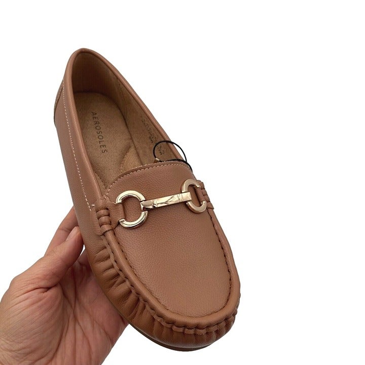 Aerosoles Womens Loafers Size 7.5 Wide Cognac Vegan Leather Cushioned Shoes