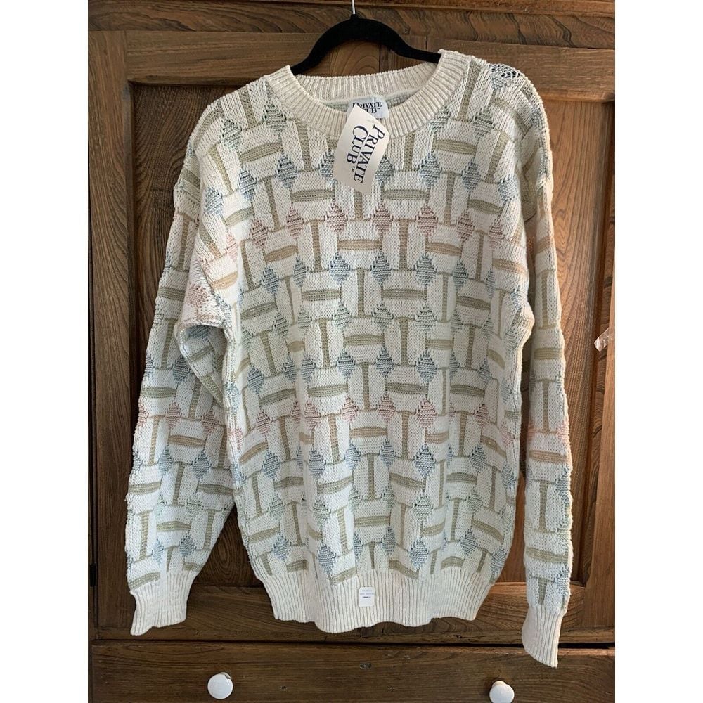 NWT Vintage Private Club Men's Sweater Size Med Ivory W/pattern USA Soft Cotton
