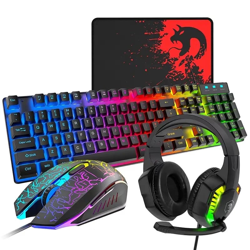MAMBASNAKE Wired Gaming Keyboard Mouse Headset Combo, RGB Backlit, Mic & Mouse