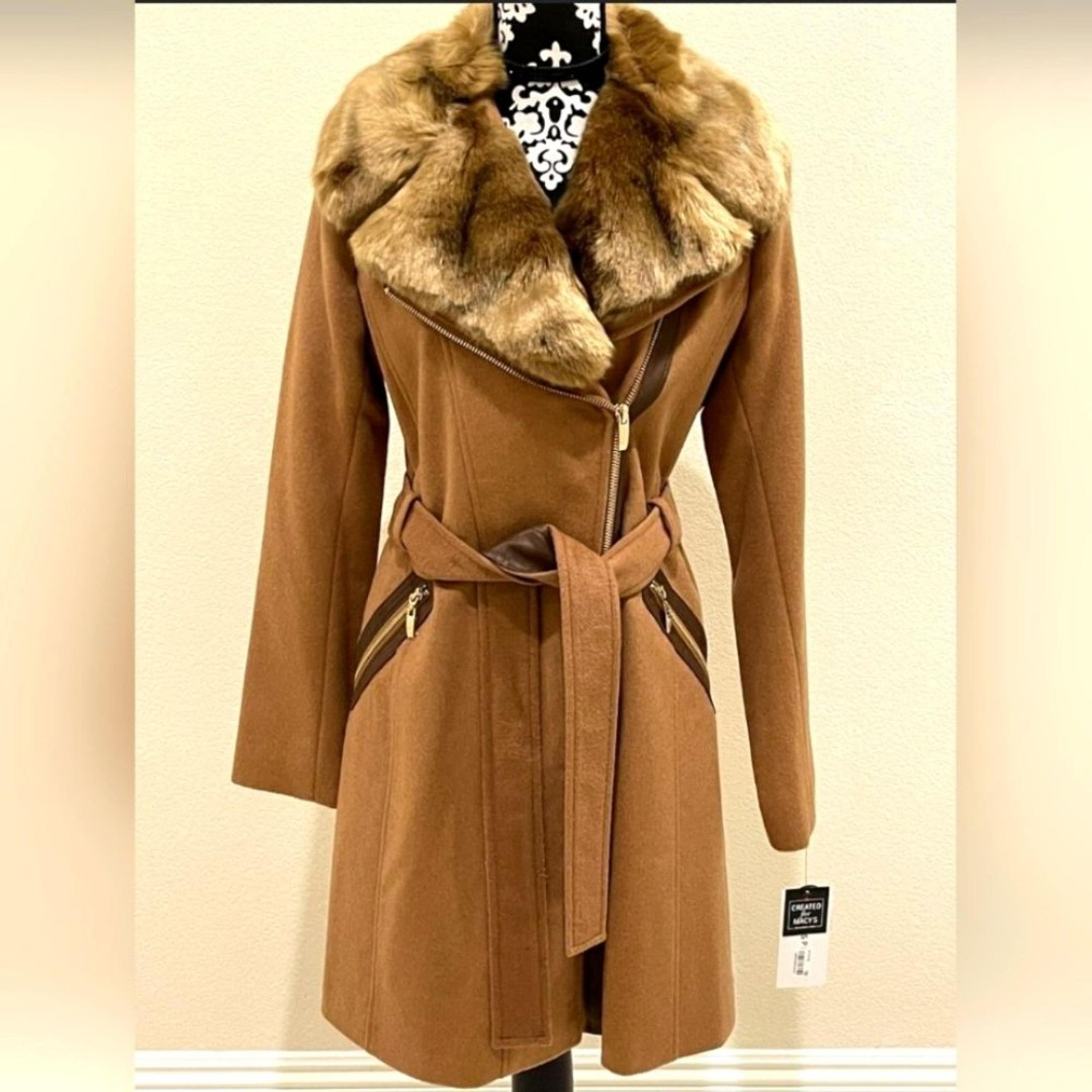 Via Spiga Designer Brown Faux Fur Belted Asymmetrical Wool Pea Coat Jacket Small