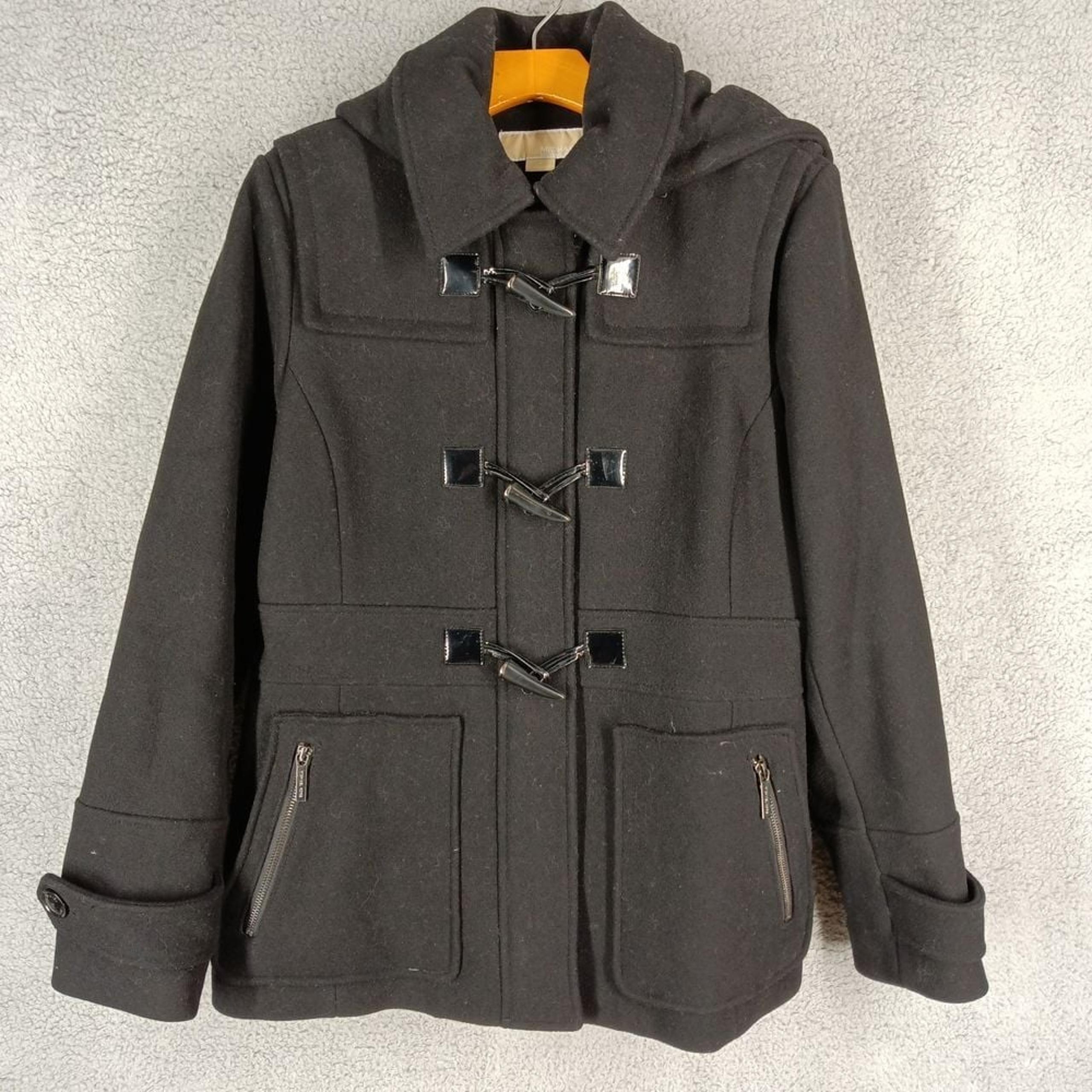 Michael Kors Women's Size 14 Black Hooded Wool Blend Pea Coat Jacket Long Sleeve