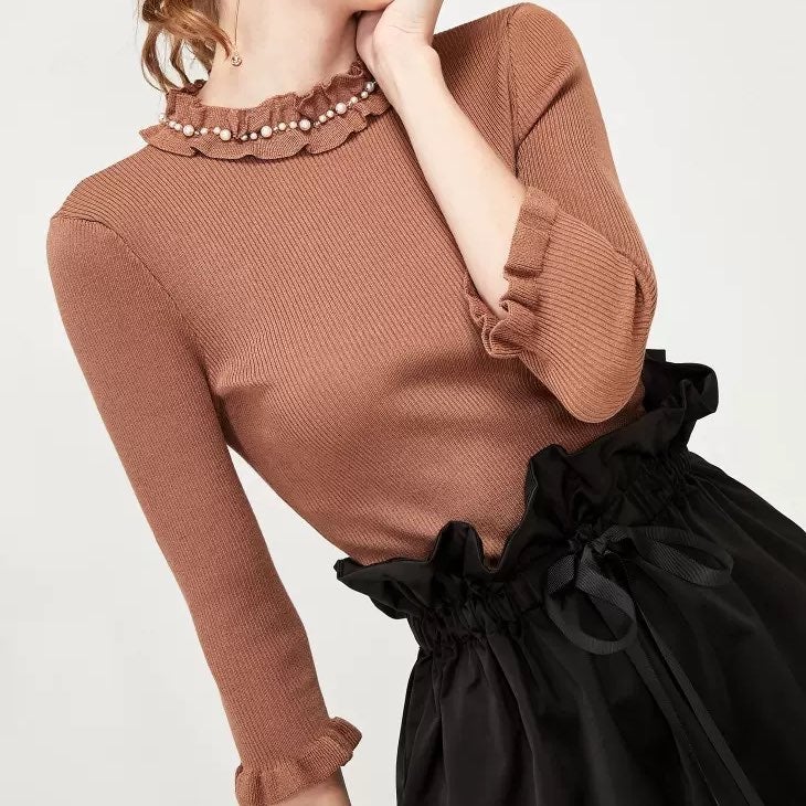 Vero Moda Brown ruffle knit top