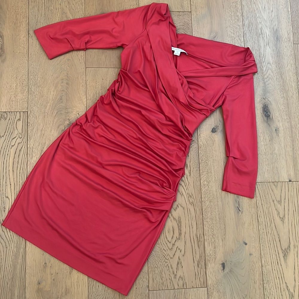 Diane von Furstenberg coral stretchy ruched bodycon dress half sleeve