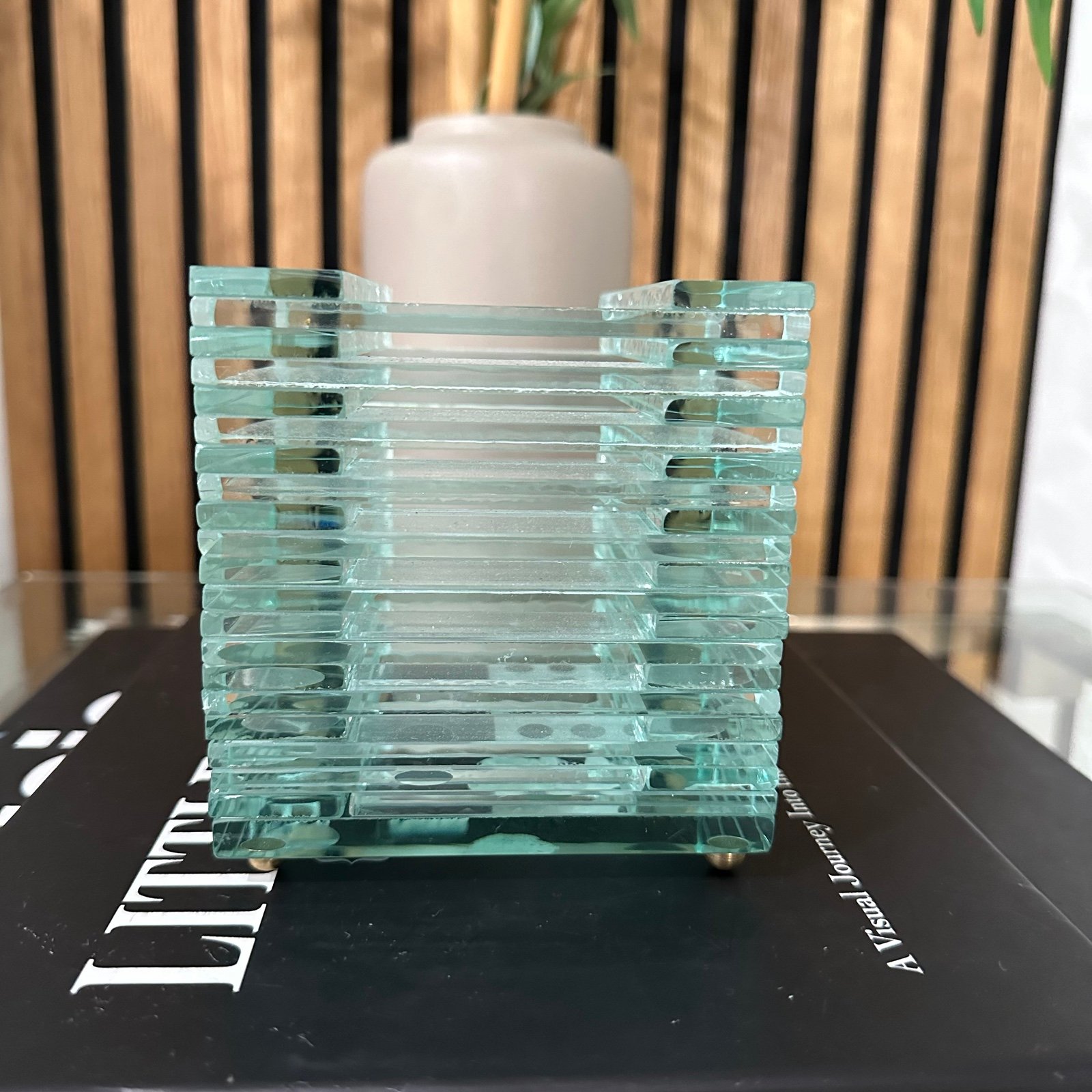 Vintage Penco Stacked Glass Candle Holder Mint Green Glass With Brass Ball Feet