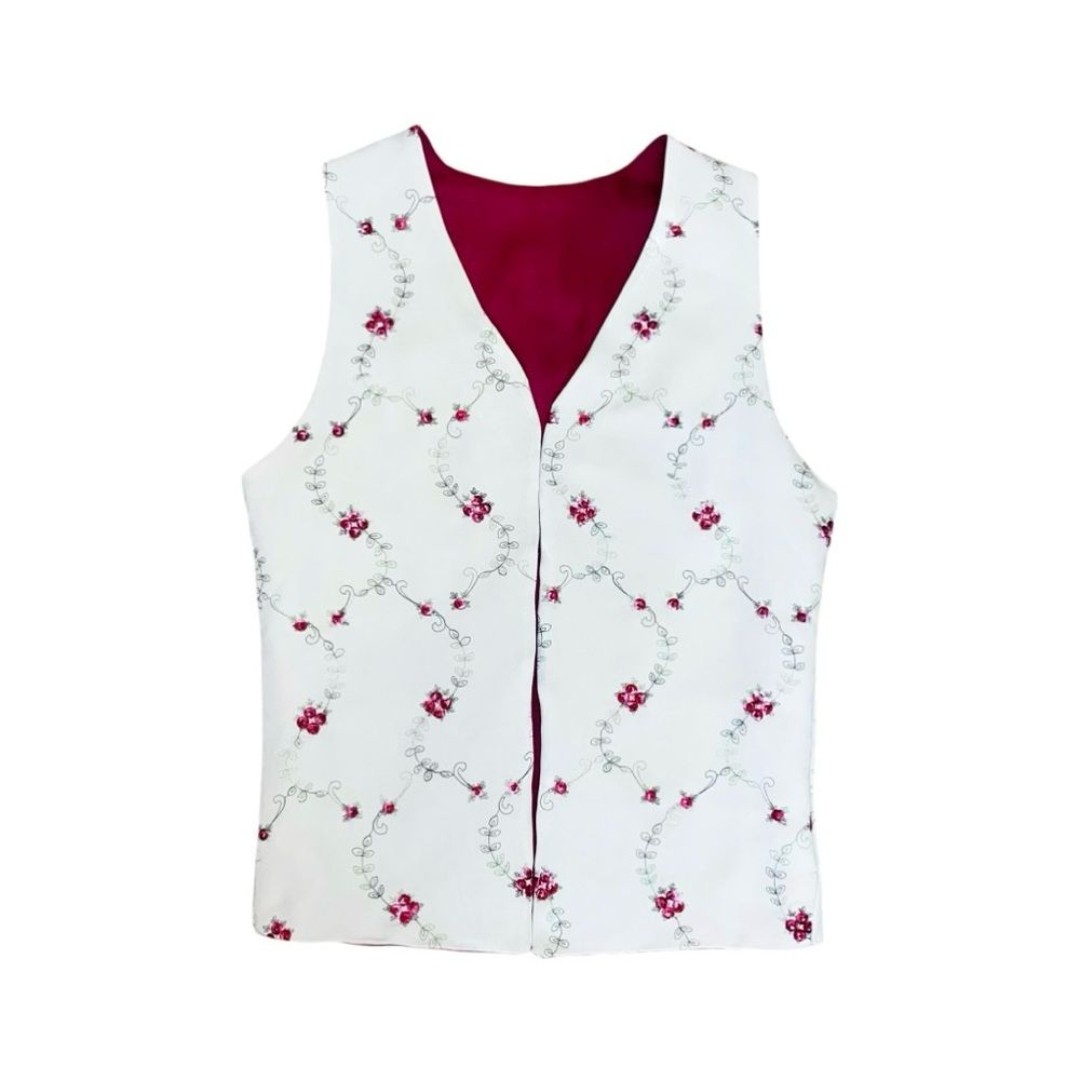 VTG Handmade Boho Cream/Burgundy Floral Embroidered Reversible Open Front Vest