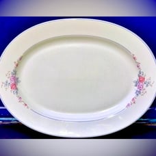 Vintage PFALTZGRAFF Ivory White Blue Striped Edge Floral Oval Serving Plate