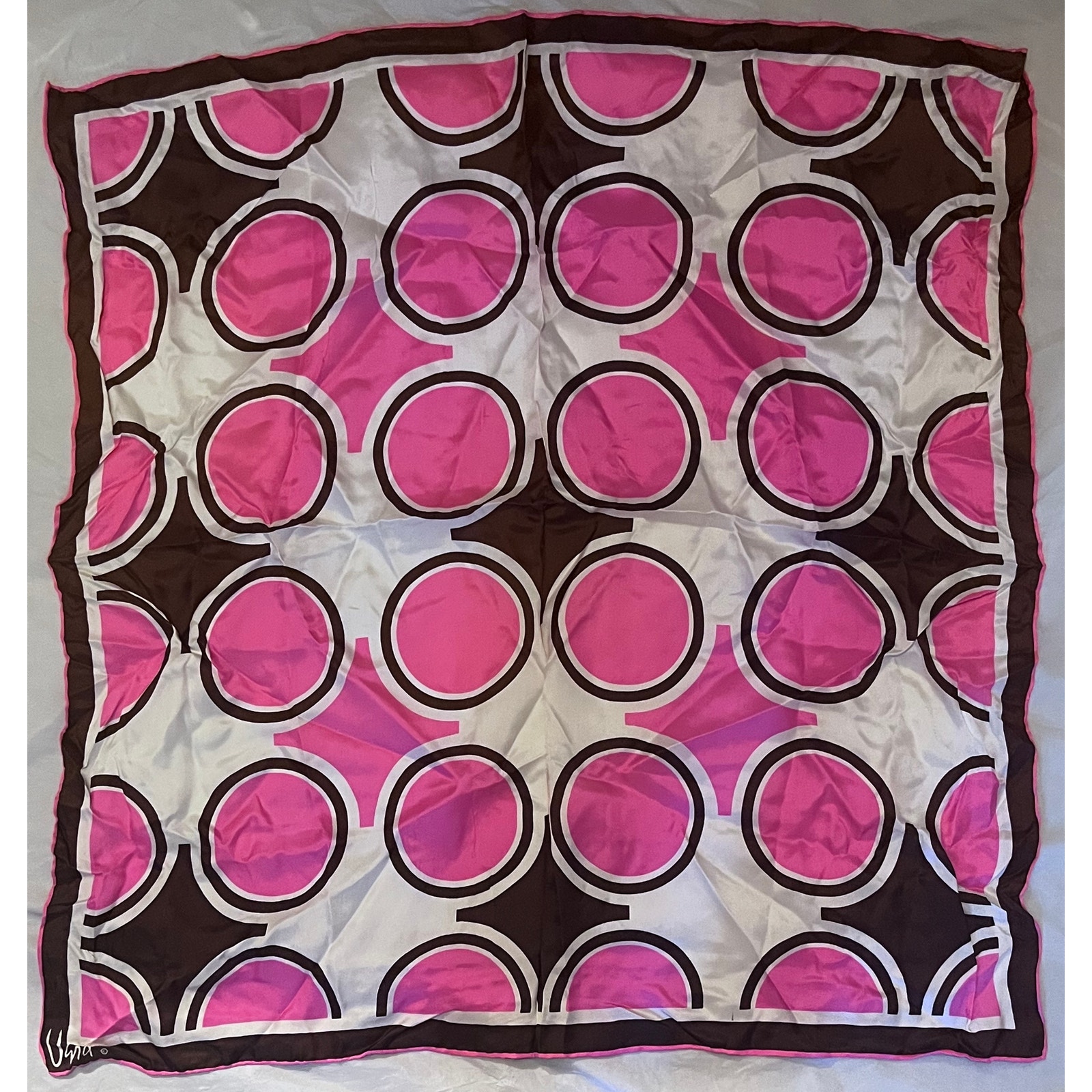 Vintage VERA Neumann Scarf ~ Signed ~ Pink & Brown Circles ~ 26.5 x 26.5